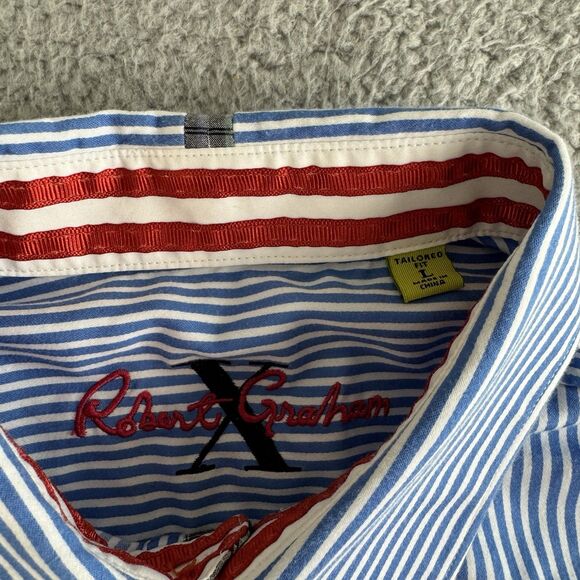 Robert Graham Shirt Mens L Blue Striped Long Sleeve Button Up Cotton Flip Cuff - Picture 4 of 9